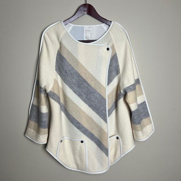 Chicos Wool Wrap Sweater Womens Medium (Chico's 1) Cream Snap Button Pockets - Picture 1 of 13